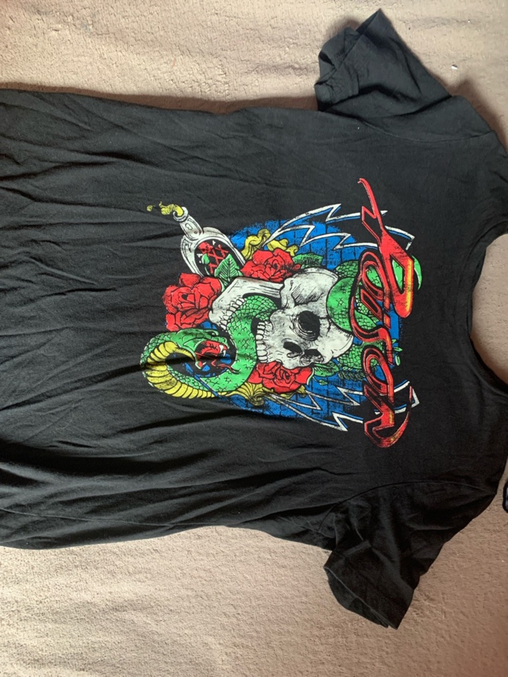 Black Graphic Skull & Snake Tee with Red Roses